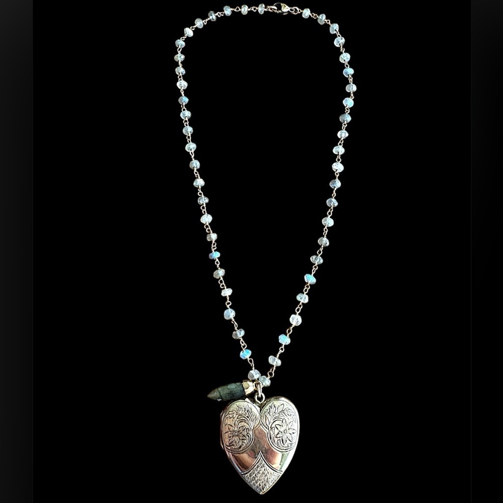 Victorian Gold Filled Heart Locket Labradorite Vintage Fusion Necklace